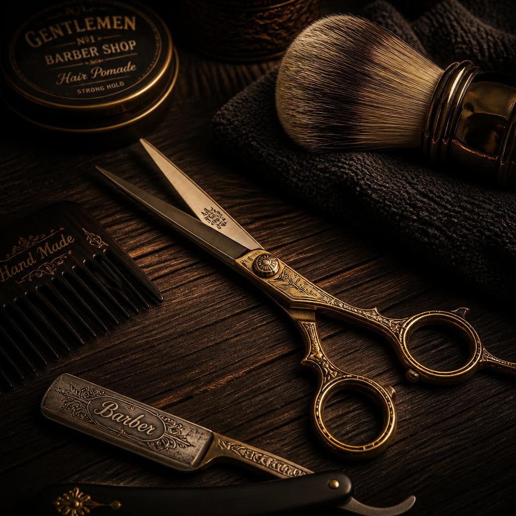 Premium barber tools — scissors, razor and comb